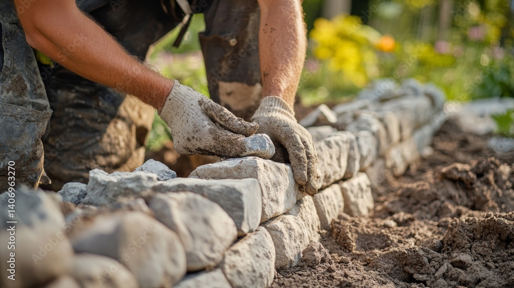 Fototapeta premium Mason constructing a stone retaining wall in a backyard. Featuring masonry construction
