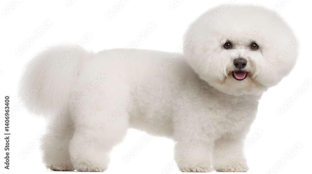 Fototapeta premium Perfectly groomed Frise showcasing fluffy coat and playful demeanor in bright indoor setting