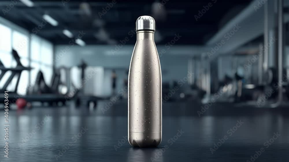 Metallic water bottle on gym floor, mirroring activity. Fitness lifestyle, workout ambiance Metallic water bottle on gym floor, mirroring activity. Fitness lifestyle, workout ambiance