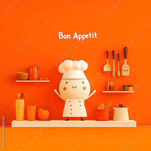 Cute Chef Character with Bon Appétit - Kitchen Scene Illustration
