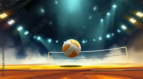 A volleyball is soaring above the net in a vibrant sports arena while bright lights illuminate the dynamic atmosphere of the match filled with anticipation