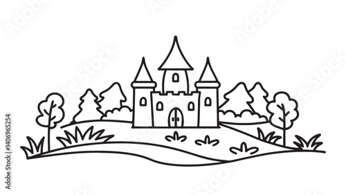 Castle nestled among trees and grass, offering a tranquil and enchanting atmosphere in the landscape line art flat vector illustration