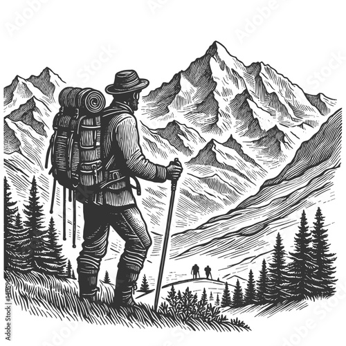 hiker standing on alpine mountain ridge, gazing at a scenic valley and lake, evoking adventure and exploration sketch engraving generative ai vector illustration. Scratch board. Black and white image.