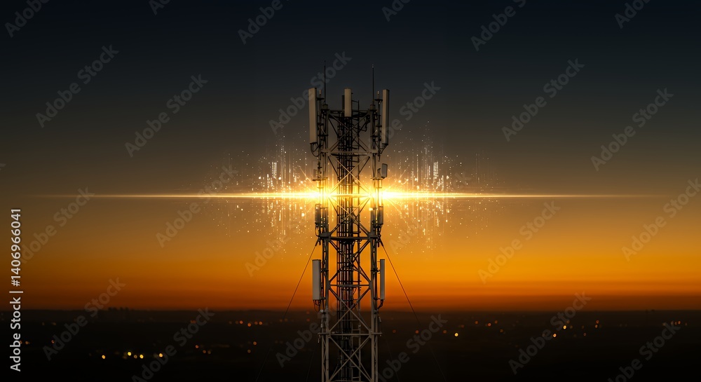 Naklejka premium Communication Tower at Sunset with Data Stream Connection Concept