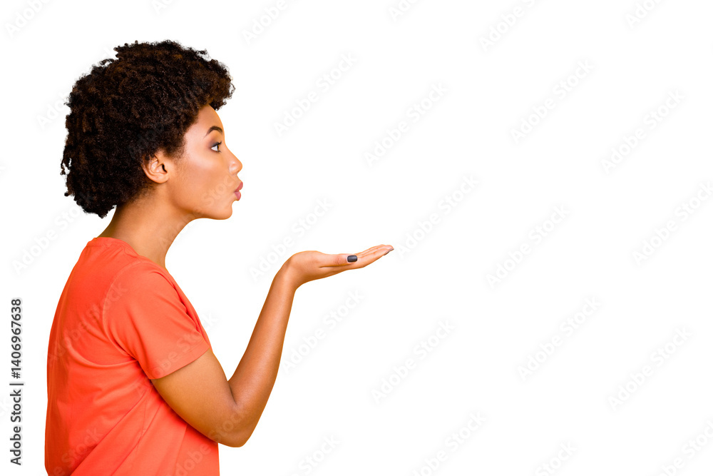 Copyspace photo of trendy charming nice cute sweet lovely black girlfriend sending someone kiss through air while isolated over yellow bright color background wearing t-shirt Copyspace photo of trendy charming nice cute sweet lovely black girlfriend sending someone kiss through air while isolated over yellow bright color background wearing t-shirt