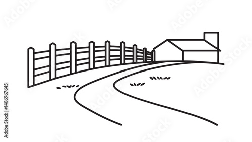  Dirt road approaches a farm, featuring a rustic fence and a noticeable fence post on the sideline art flat vector illustration