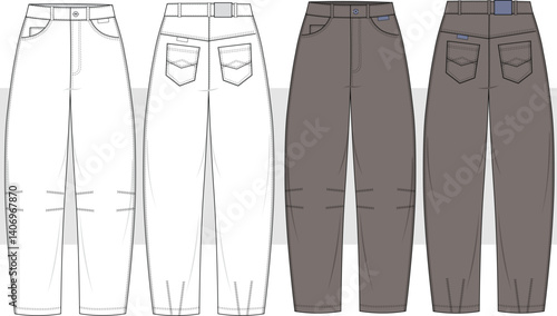 Unisex slouchy pants fashion technical drawing template, illustration. Baggy jeans, high waist, oversize, balloon jeans denim pants. Front and back view. CAD mockup.