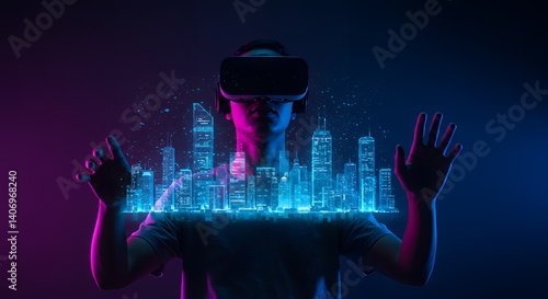 Person Using Vr Headset Visualizing a Digital Cityscape Technology