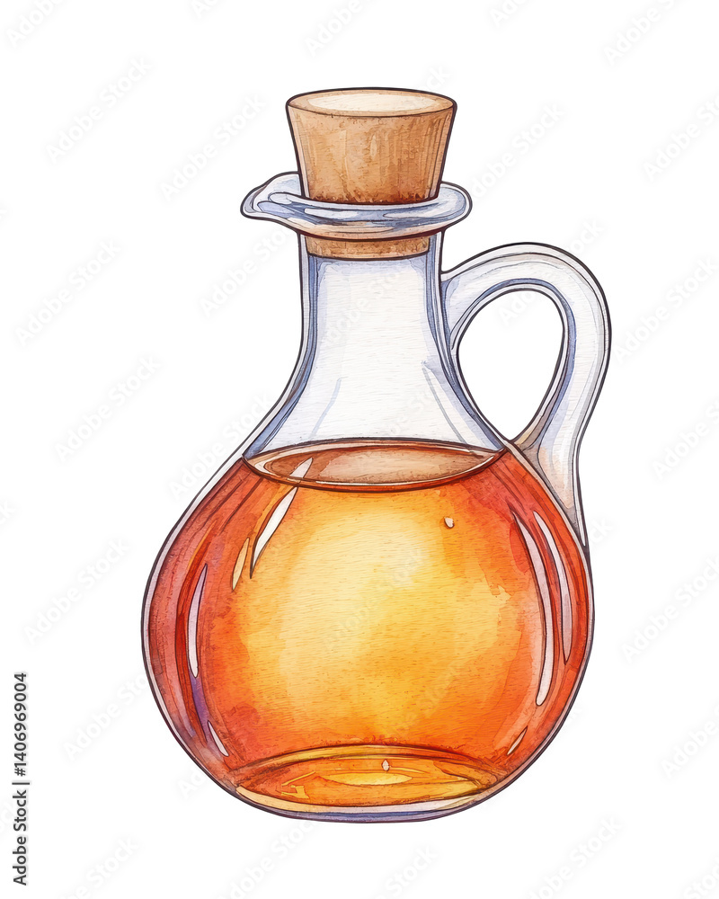 Elegant watercolor illustration of a glass jug with a wooden stopper filled with sweet syrup on a white background Elegant watercolor illustration of a glass jug with a wooden stopper filled with sweet syrup on a white background