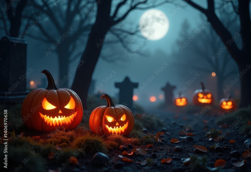 spooky jack lanterns glowing mysterious moonlight halloween scene, night, candle, forest, shadow, creeps, eerie, decoration, cobwebs, crescent spooky jack lanterns glowing mysterious moonlight halloween scene, night, candle, forest, shadow, creeps, eerie, decoration, cobwebs, crescent