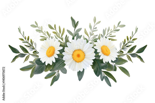 Three charming daisies arranged with green foliage creating a beautiful floral composition against a transparent background