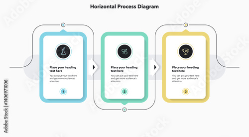 Simple horizontal process infographic template with three options. Flat presentation diagram with minimalistic icons for data visualization.