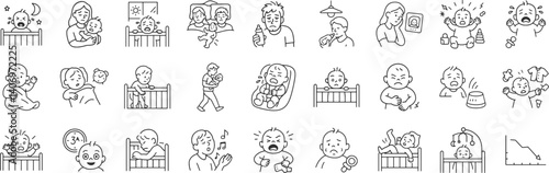 Baby sleep problems line icon set. Vector pictograms of infant awake, exhausted toddler, yawning, sleepless, tantrum, soothing, meltdown thin linear illustration.