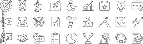 Business success line icon set. Vector pictograms of trophy award, bullseye, target, deal, startup, briefcase, innovation idea, time, management, marketing thin linear illustration.