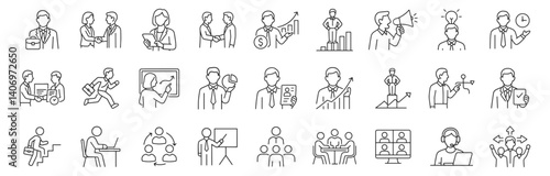 Business people line icon set. Vector pictograms of management, success people, marketing, finance, presentation, partnership, collaboration, thin linear illustration.
