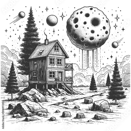 wooden cabin in a forest clearing under a hovering moon-like object with cosmic surroundings sketch engraving generative ai vector illustration. Scratch board imitation. Black and white image.