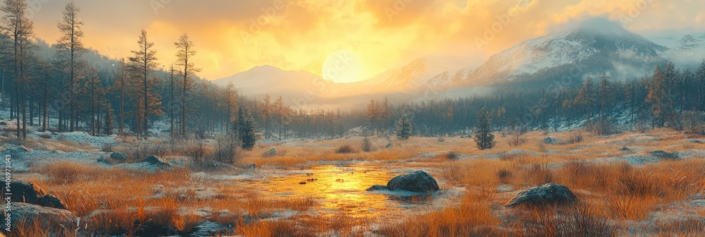 Fototapeta premium Landscape with water trees and mountains at sunset or sunrise.