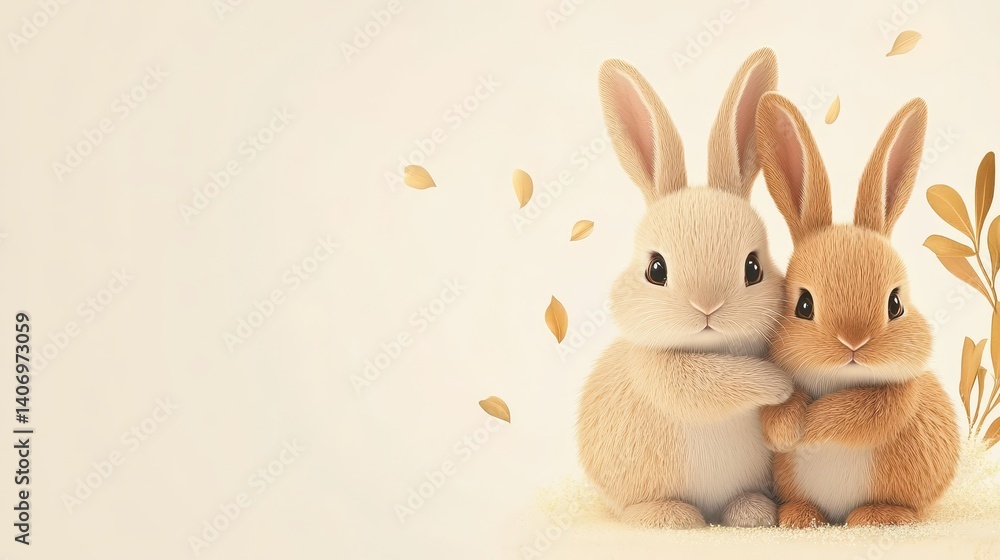Obraz premium Two fluffy rabbits sitting together in a peaceful setting showing affection and companionship in a natural environment