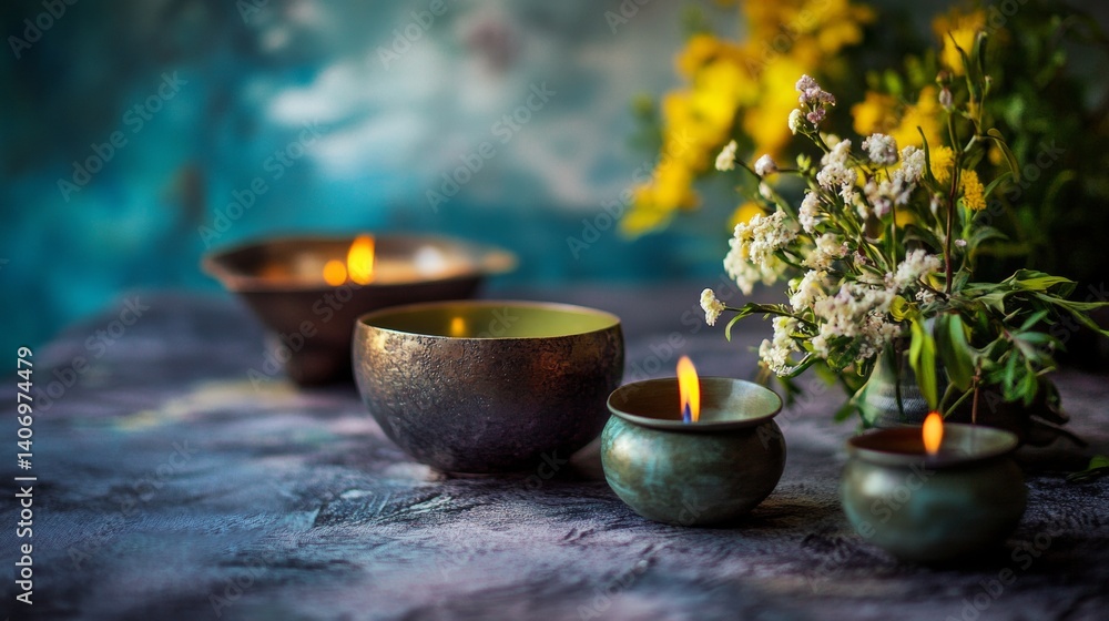 Zen garden candles and herbs in tranquil outdoor setting Zen garden candles and herbs in tranquil outdoor setting