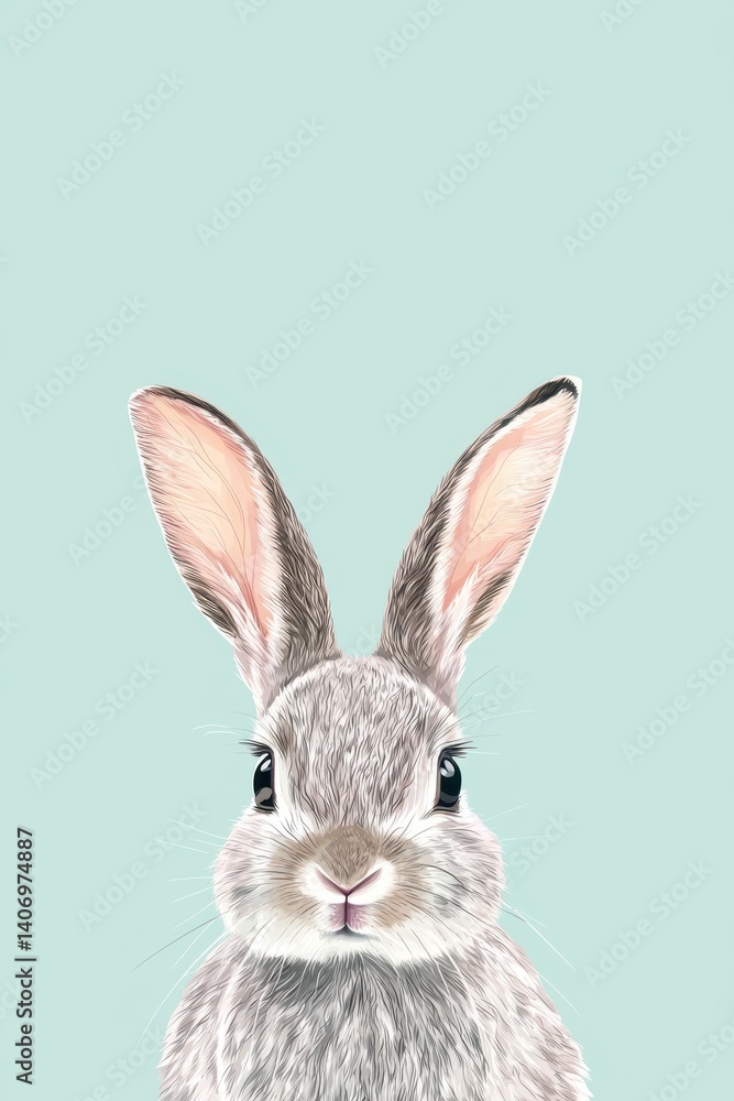 Fototapeta premium Cute Gray Rabbit with Big Ears on Soft Mint Background