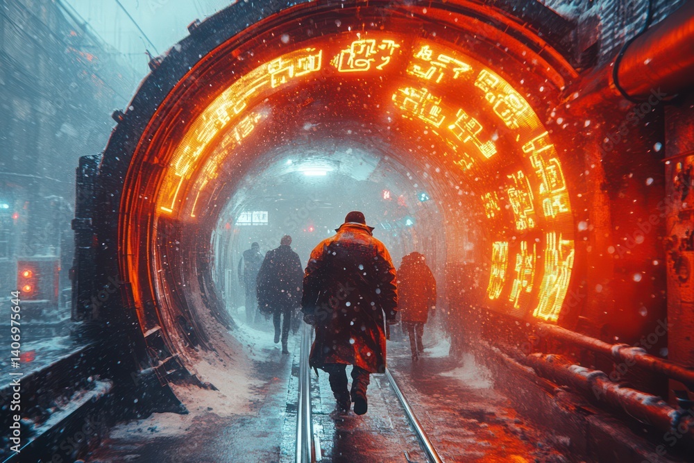 People walk through a futuristic tunnel with glowing orange lights and falling snow.