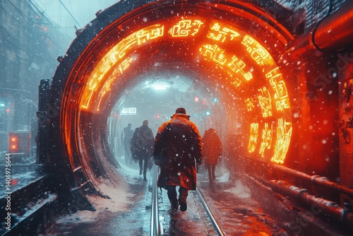 Obraz na płótnie People walk through a futuristic tunnel with glowing orange lights and falling snow. w salonie