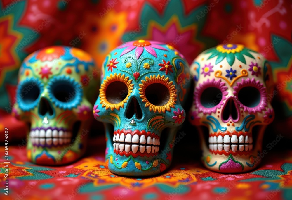 vibrant sugar skulls intricate patterned textile colorful mexico day dead celebration cultural art design, culture, festive, embroidered, fabric, ornamental vibrant sugar skulls intricate patterned textile colorful mexico day dead celebration cultural art design, culture, festive, embroidered, fabric, ornamental