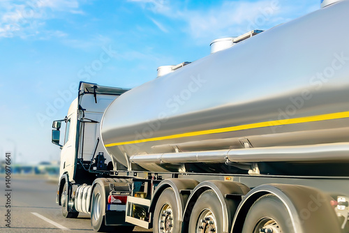 Petrol cargo truck lorry tanker driving on highway hauling oil products.Fuel delivery transportation,logistics distribution. Compressed gas carrier.Cargo industry