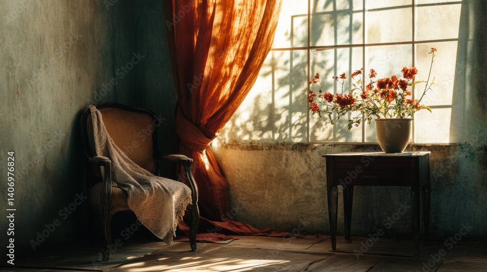 Obraz premium Vintage sunlit room with chair, curtain, and potted flowers