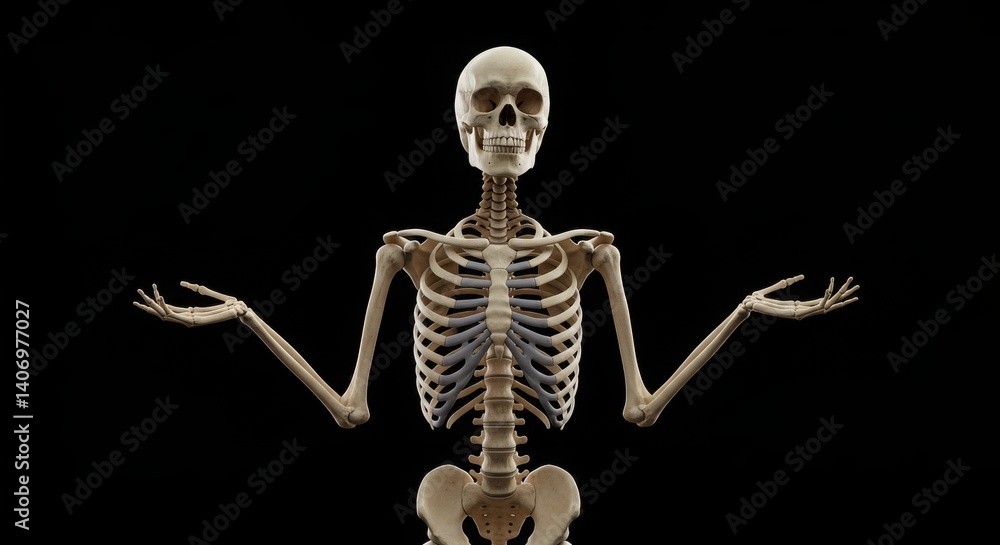 A photorealistic rendering of a human skeleton in a dynamic shrugging pose with dramatic lighting for a memento aesthetic and educational or artistic use A photorealistic rendering of a human skeleton in a dynamic shrugging pose with dramatic lighting for a memento aesthetic and educational or artistic use