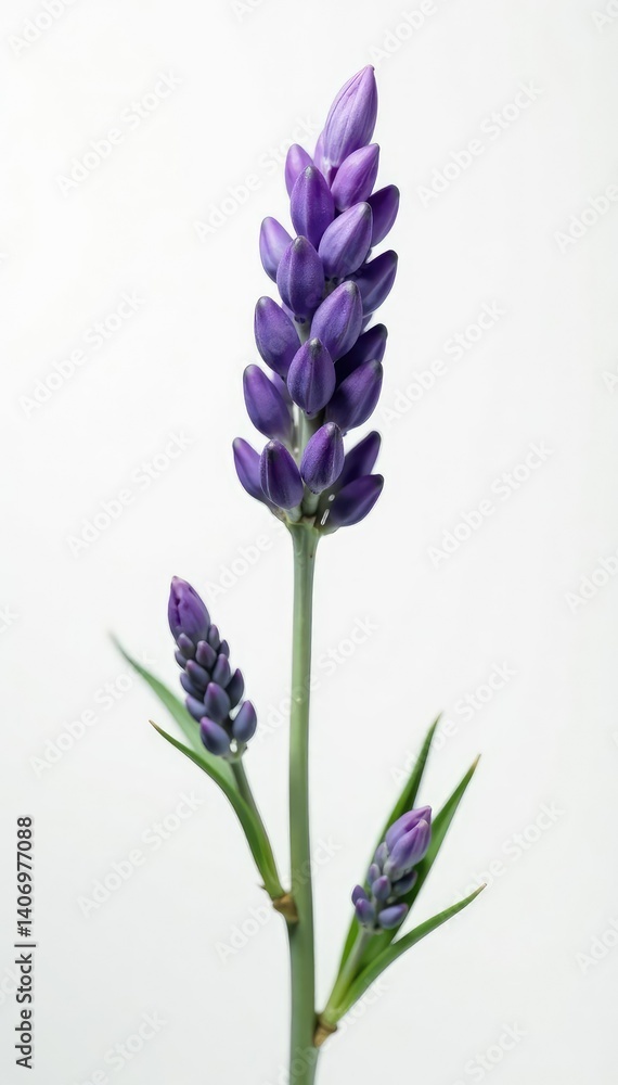 Obraz premium Single stem of lavender with buds isolated on white background, blooms, solitary
