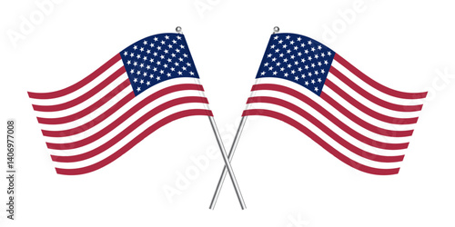 Two American flags on silver poles. Crossed flying USA national flags on metal sticks. Patriotic symbol of United States of America. Realistic vector illustration.