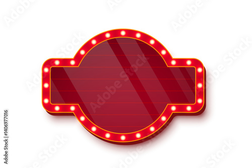 Retro casino light sign with red glass surface and golden bulbs around edges on white background. Circus, cinema, theater banner with place for text. UI interface element. Vector illustration.
