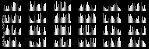 Sound waves set. Music audio frequency, voice waveform, electronic radio signal, volume level, track symbol. Various noise pulses white lines isolated on black. Abstract vector background.