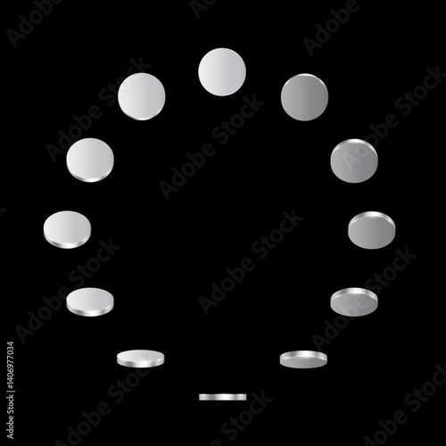 3d silver coins animation. Metal money rotation in different positions. Flip coins vector set isolated on black background. Payments, investment, banking, finance, casino, game icons.