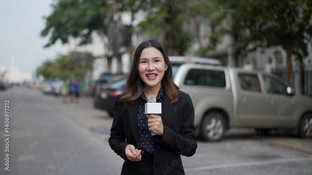 cheerful asian female reporter smiling with microphone on city street cheerful asian female reporter smiling with microphone on city street