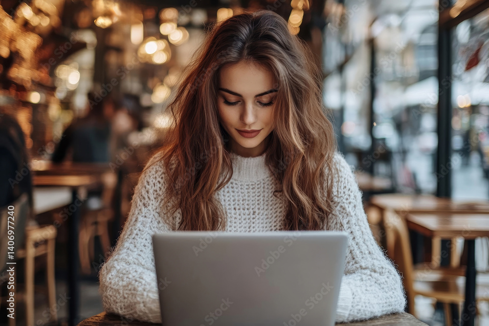 Brunette using laptop in cafe Brunette using laptop in cafe