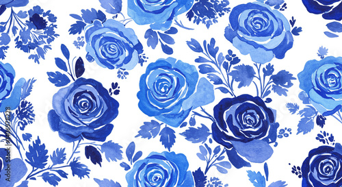 Fototapeta Naklejka Na Ścianę i Meble -  A captivating watercolor bouquet of vibrant blue roses blooming in a romantic garden, showcasing a soft, painterly style with delicate leaf details.
