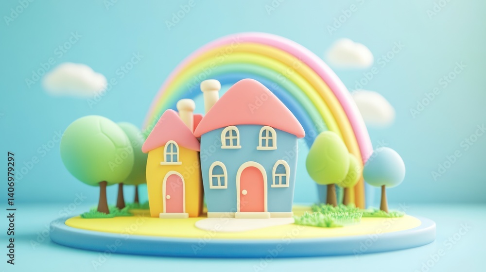 Cartoon houses, rainbow, pastel landscape, 3D scene, children's book cover, kid-friendly, perfect background, digital art Cartoon houses, rainbow, pastel landscape, 3D scene, children's book cover, kid-friendly, perfect background, digital art