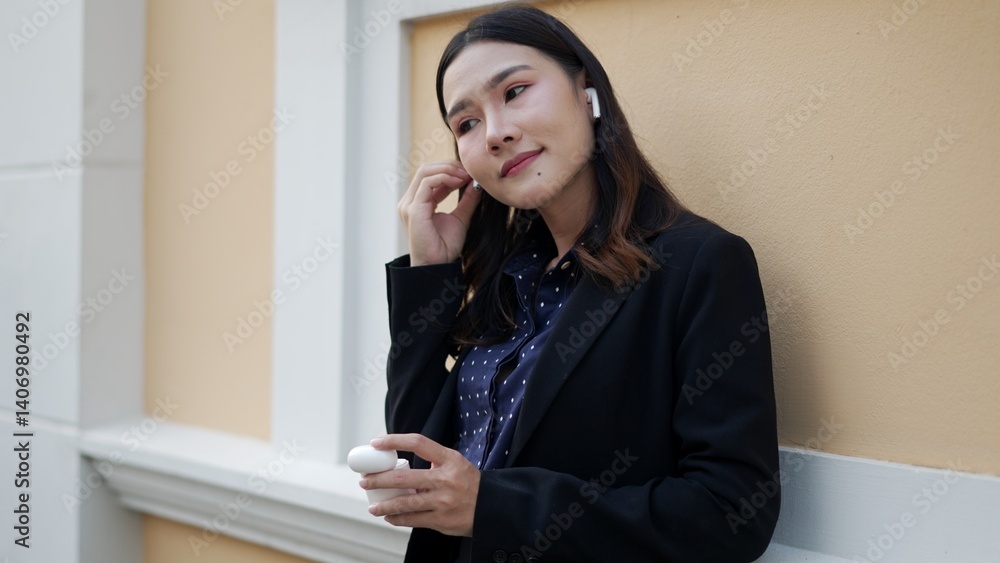 asian woman standing by wall wearing wireless earbuds with thoughtful expression asian woman standing by wall wearing wireless earbuds with thoughtful expression