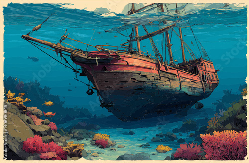 Sunken Shipwreck in the Deep Sea