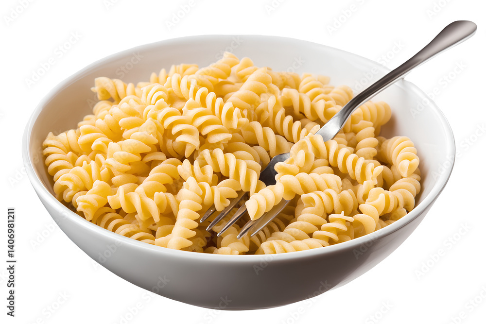 Fusilli pasta in a bowl with a fork, isolated on a transparent background Fusilli pasta in a bowl with a fork, isolated on a transparent background