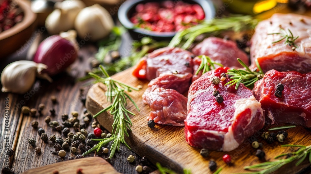 Raw meat and herbs on cutting board in kitchen prep Raw meat and herbs on cutting board in kitchen prep