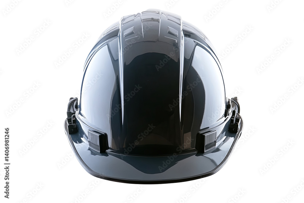 Fototapeta premium Gray safety helmet; front view of protective gear. Smooth surface and glossy textures against a transparent background