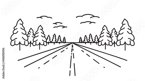  Snowy road stretches into the distance, flanked by snow covered trees under a clear blue sky line art flat vector illustration.