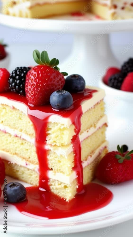 Delicious Layered Cake Slice with Raspberry Glaze and Fresh Berries Delicious Layered Cake Slice with Raspberry Glaze and Fresh Berries