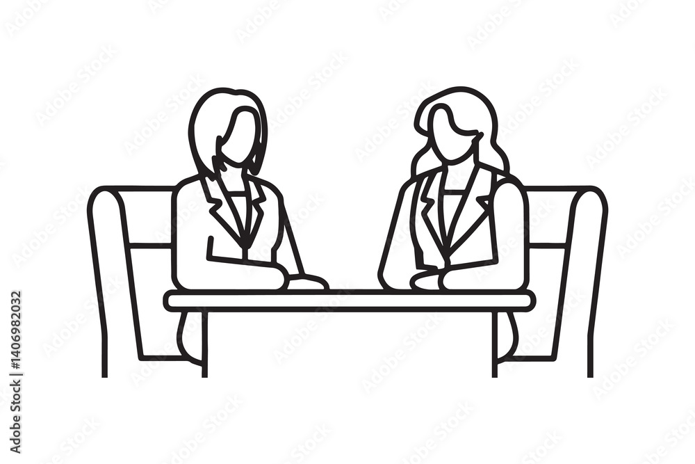 Two women converse, one wearing a business suit, in a formal office environment line art flat vector illustration. Two women converse, one wearing a business suit, in a formal office environment line art flat vector illustration.