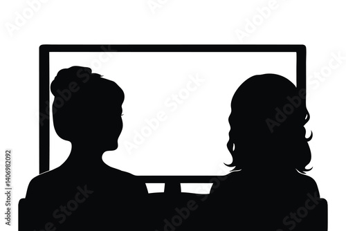 two Woman watching a television, silhouettes set isolated flat vector illustration on white background.