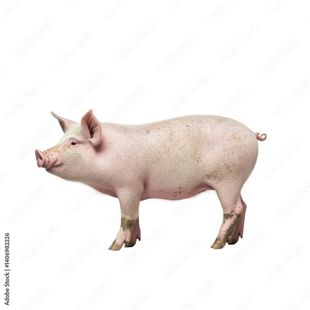 Side view of a pink domestic pig standing isolated on transparent background, ideal for farm, livestock, or food-related designs. Side view of a pink domestic pig standing isolated on transparent background, ideal for farm, livestock, or food-related designs.