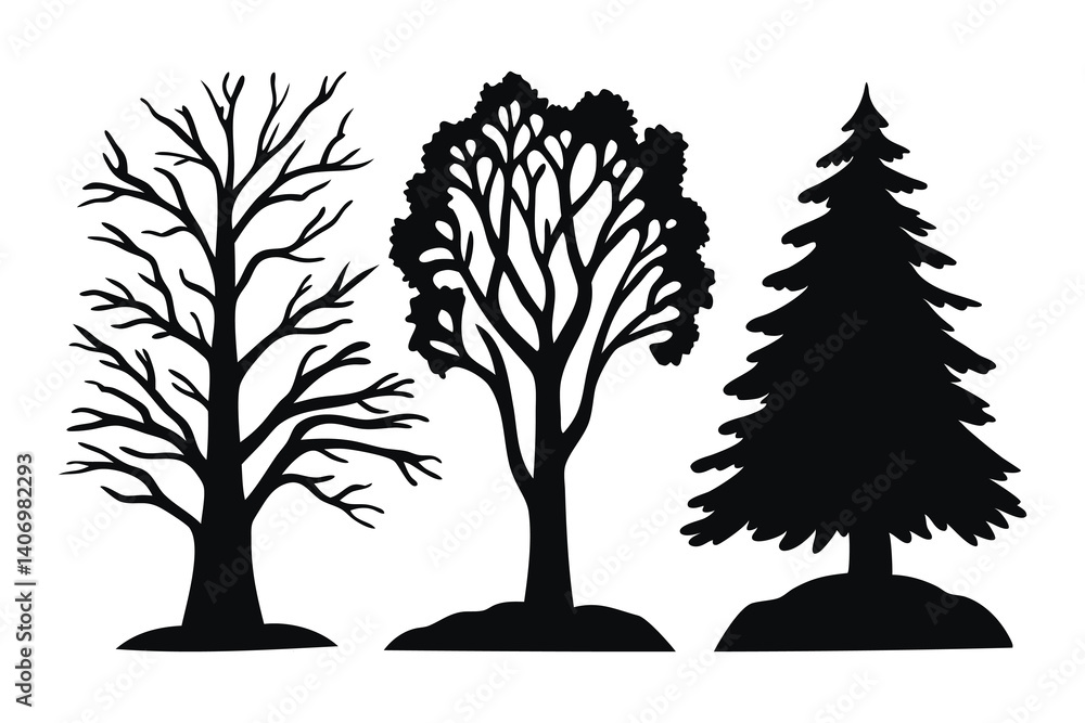 Obraz premium Winter trees silhouettes set isolated flat vector illustration on white background.